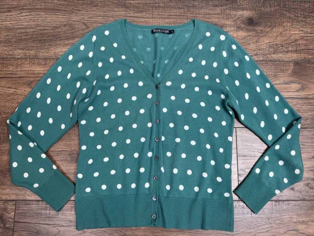 Woolovers Womens Green V-Neck Knit Cardigan Sweater Silk Cotton Polka Dot Sz S